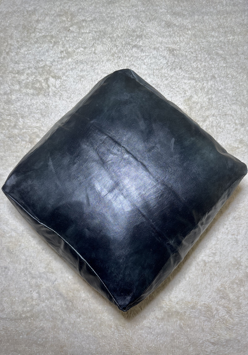 Moroccan Black Simple Square Pouf: An Enigmatic Tapestry of Berber Heritage - handmade by Moroccantastics - Berber craftsmanship, Black leather pouf, leather work, Moroccan décor, Moroccan furniture, Moroccan pouf, square pouf, Timeless pouf, Versatile pouf