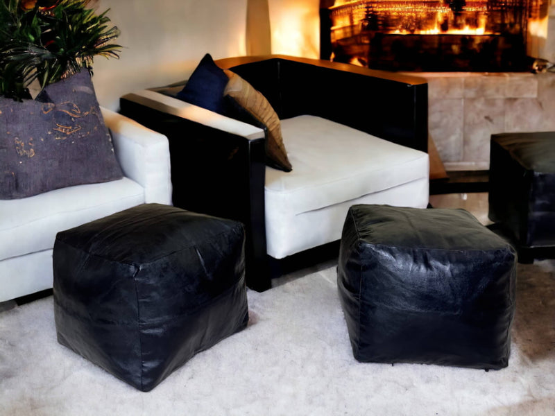 Moroccan Black Simple Square Pouf: An Enigmatic Tapestry of Berber Heritage - handmade by Moroccantastics - Berber craftsmanship, Black leather pouf, leather work, Moroccan décor, Moroccan furniture, Moroccan pouf, square pouf, Timeless pouf, Versatile pouf