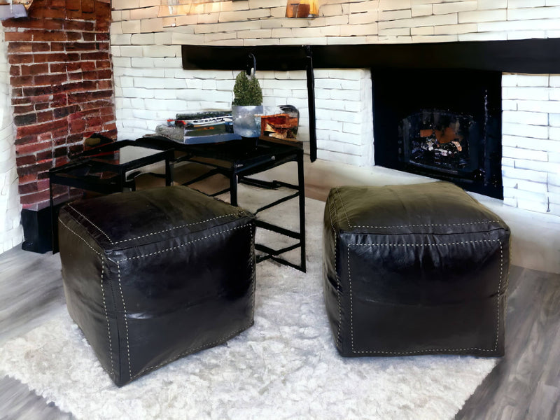 Black Square Moroccan Pouf - Timeless Elegance for Your Home - handmade by Moroccantastics - Black leather pouf, brown leather pouf, genuine Moroccan leather pouf, leather work, square pouf