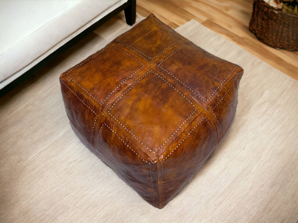 Elevate Your Living Space with Our Luxurious Tobacco Square Leather Pouf - handmade by Moroccantastics - leather work, square pouf