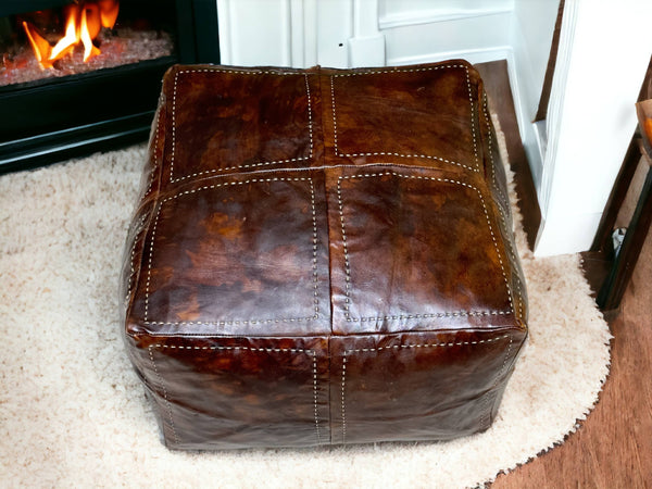 Enrich Your Living Space with Our Sumptuous Brown Square Leather Pouf: A Touch of Moroccan Elegance - handmade by Moroccantastics - leather work, square pouf