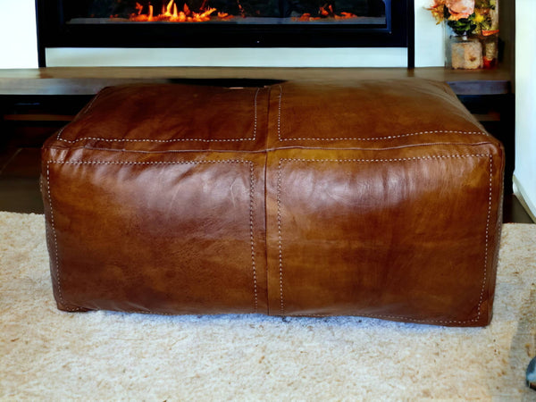 Embrace Moroccan Elegance with Our Exquisite Tobacco Two-Place Rectangular Leather Pouf - handmade by Moroccantastics - leather work, Rectangular pouf