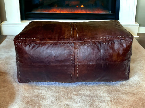 Indulge in Moroccan Luxury with Our Exquisite Brown Two-Place Rectangular Leather Pouf - handmade by Moroccantastics - leather work, rectangular pouf