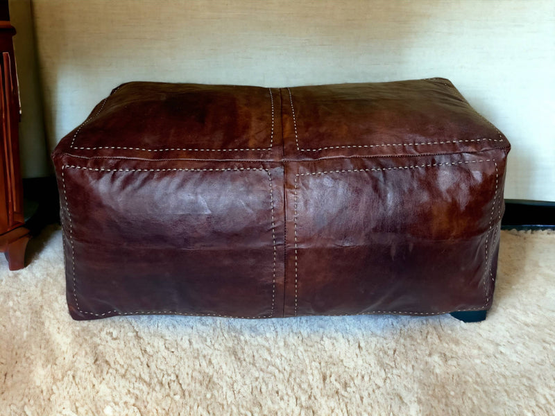 Indulge in Moroccan Luxury with Our Exquisite Brown Two-Place Rectangular Leather Pouf - handmade by Moroccantastics - leather work, rectangular pouf