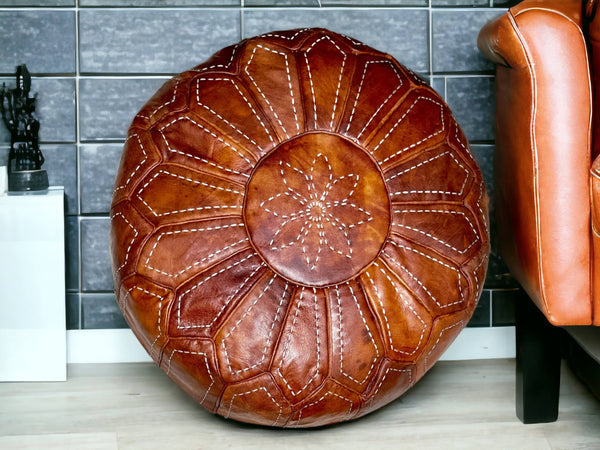 Indulge in Moroccan Elegance with Our Hand-Embroidered Tobacco Leather Round Ottoman Pouf - handmade by Moroccantastics - leather work, round pouf