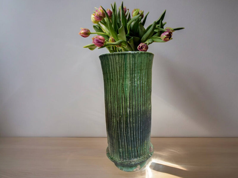 Artisan Handmade Moroccan Tamegroute  Green  Glazed Ribbed Pot /Vase