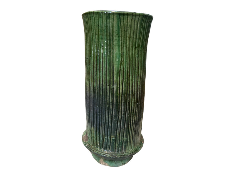 Artisan Handmade Moroccan Tamegroute  Green  Glazed Ribbed Pot / Vase