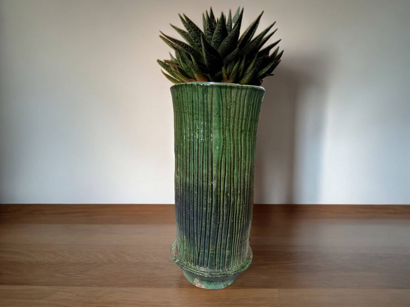 Artisan Handmade Moroccan Tamegroute  Green Glazed Ribbed Pot / Vase