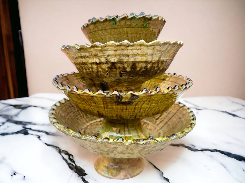 Tamgroute Ochre Fruit Bowl, Tamegroute Bowls Ochre Glazed Pottery, Pedestal bowls, Nesting bowls