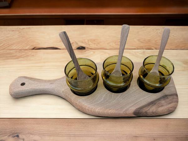 Heartwarming Walnut Wood Serving Set: Includes 3 Handmade Blown Moroccan Glasses, 3 Wooden Spoons, and 1 Nuts Bowl for Elegant Hospitality.