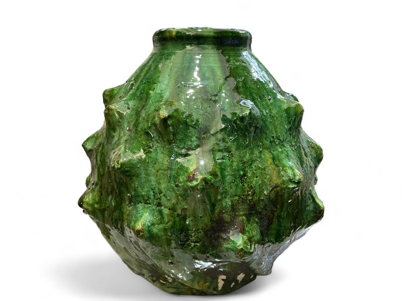 Artisan Handmade Moroccan Tamegroute  Green & Ochre Glazed Vase