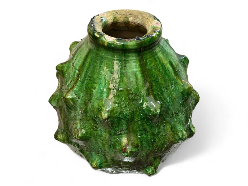 Artisan Handmade Moroccan Tamegroute  Green & Ochre Glazed Vase