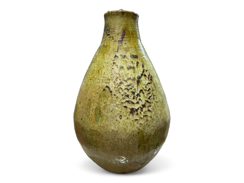 Artisan Handmade Moroccan Tamegroute  Green & Ochre Glazed Vase