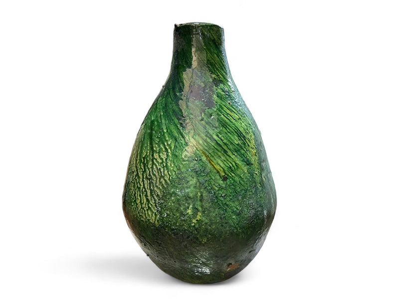 Artisan Handmade Moroccan Tamegroute  Green & Ochre Glazed Vase