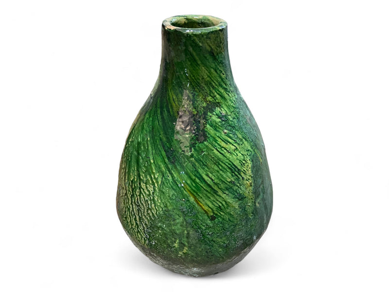 Artisan Handmade Moroccan Tamegroute  Green & Ochre Glazed Vase