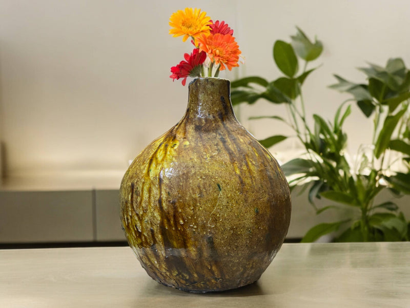 Artisan Handmade Moroccan Tamegroute  Ochre Glazed Round Vase