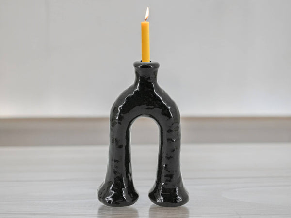 Handcrafted Moroccan  Tamegroute Black Abstract Elephant's Foot Candlestick Sculpture