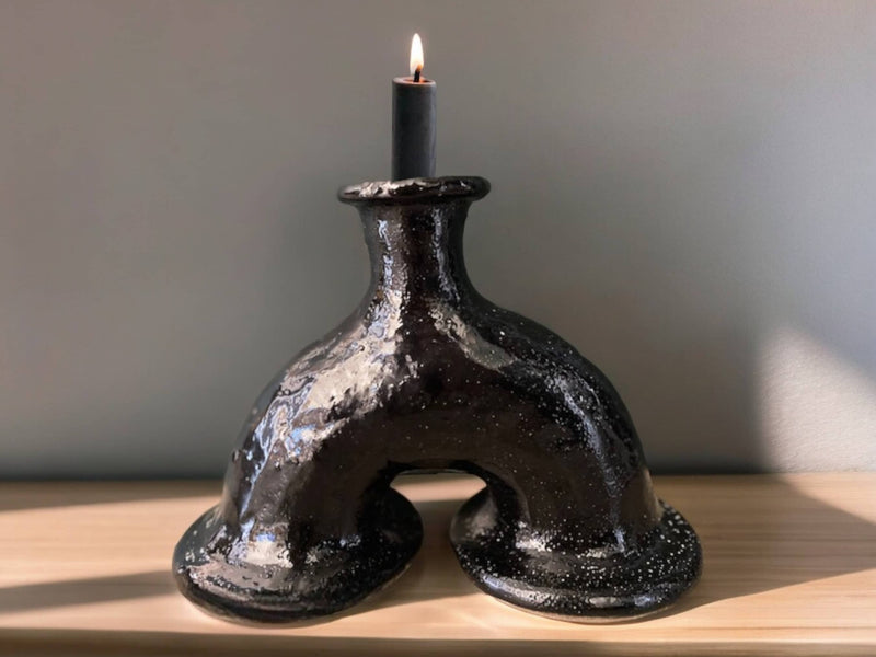 Handcrafted Moroccan Black Tamegroute Abstract Elephant's Foot Candlestick Sculpture