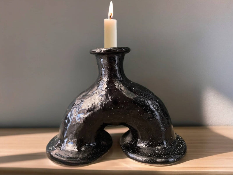 Handcrafted Moroccan Black Tamegroute Abstract Elephant's Foot Candlestick Sculpture