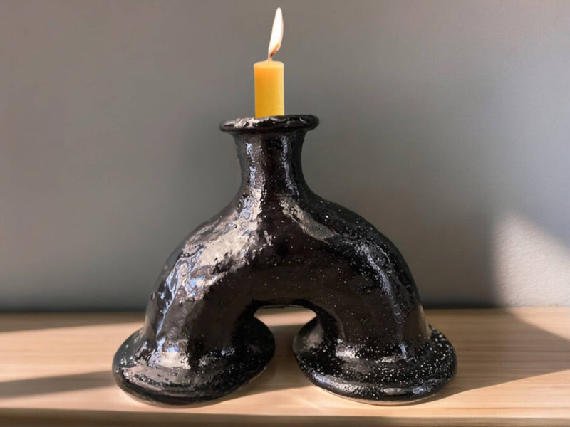 Handcrafted Moroccan Black Tamegroute Abstract Elephant's Foot Candlestick Sculpture