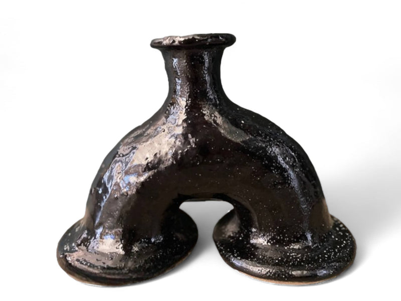 Handcrafted Moroccan Black Tamegroute Abstract Elephant's Foot Candlestick Sculpture