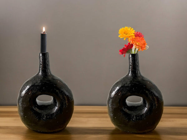 Handcrafted Moroccan  Tamegroute Black Picasso Round Bottle Neck Candlestick Holder