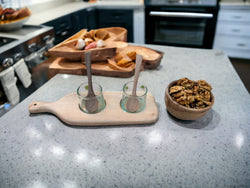 Heartwarming Walnut Wood Serving Set: Includes 2 Handmade Blown Moroccan Glasses, 2 Walnut Wood Spoons, and 1 Nuts Bowl - An Authentic and Thoughtful Serving Ensemble.