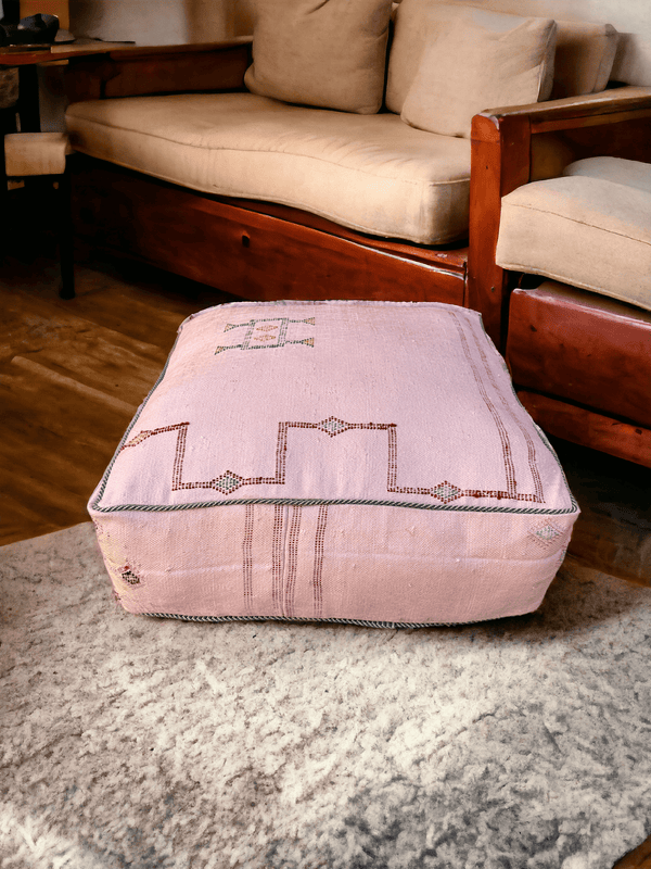 Handmade Cactus Silk Pouf – Moroccan luxury for your living space. Silk square pouf, perfect Ottoman Footstool. Elevate with style.