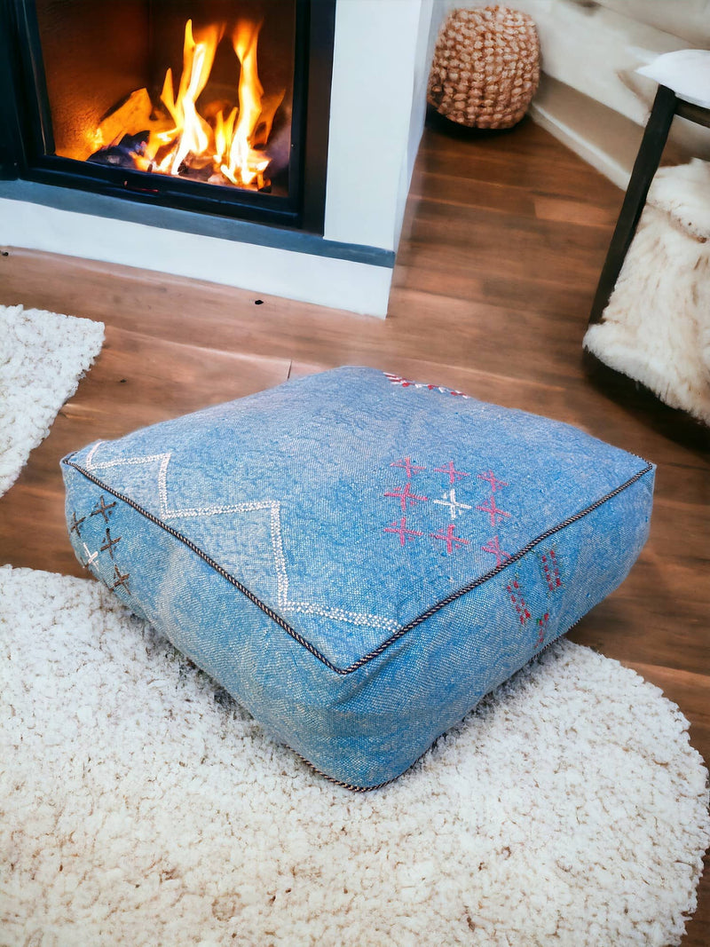 Handmade Cactus Silk Pouf – Moroccan luxury for your living space. Silk square pouf, perfect Ottoman Footstool. Elevate with style.