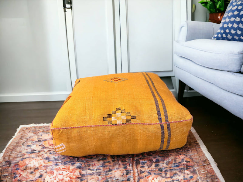 Handmade Cactus Silk Pouf – Moroccan luxury for your living space. Silk square pouf, perfect Ottoman Footstool. Elevate with style.