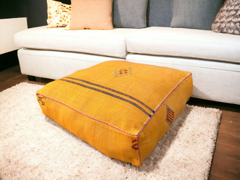 Handmade Cactus Silk Pouf – Moroccan luxury for your living space. Silk square pouf, perfect Ottoman Footstool. Elevate with style.