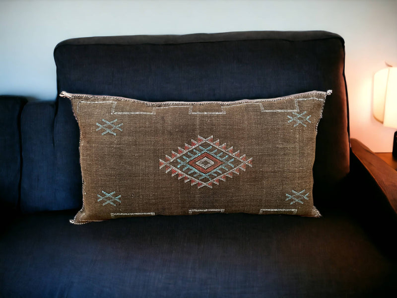 Moroccan Cactus Lumbar: Handwoven Sabra Silk, Berber Cushion - Bohemian Sofa Pillow with Optional Inner Pillow, Crafted by Berber Women