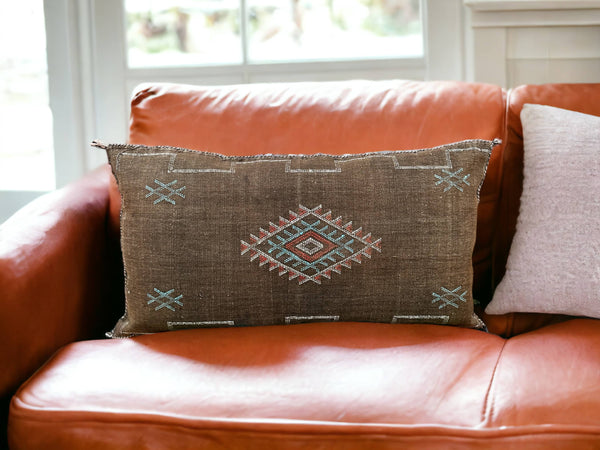 Moroccan Cactus Lumbar: Handwoven Sabra Silk, Berber Cushion - Bohemian Sofa Pillow with Optional Inner Pillow, Crafted by Berber Women