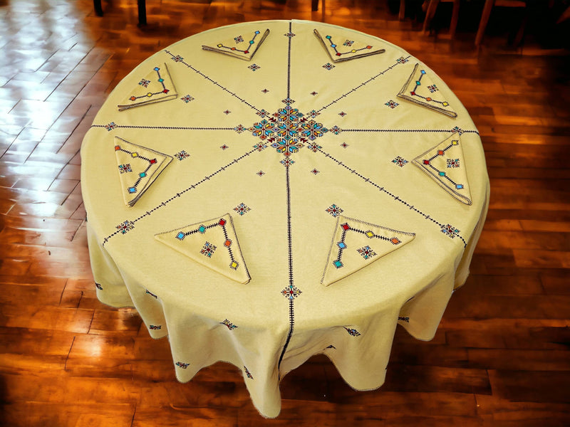 Hand Embroidered Table cloth and napkins, a magnificent decoration to add a Moroccan touch to your home. - handmade by Moroccantastics - embroidered