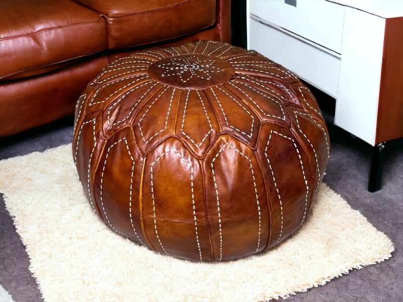 Indulge in Moroccan Elegance with Our Hand-Embroidered Tobacco Leather Round Ottoman Pouf - handmade by Moroccantastics - leather work, round pouf