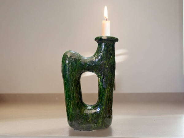 Handcrafted Moroccan Green Glazed Tamegroute Picasso Candlestick Sculpture