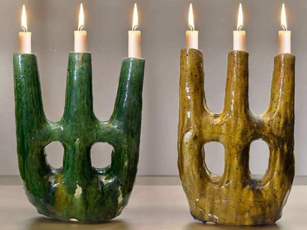 Handcrafted Moroccan Tamegroute Abstract Green & Ochre Picasso Sculpture Triple Candlestick Holder