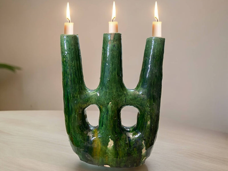 Handcrafted Moroccan Tamegroute Abstract Green  Picasso Sculpture Triple Candlestick Holder