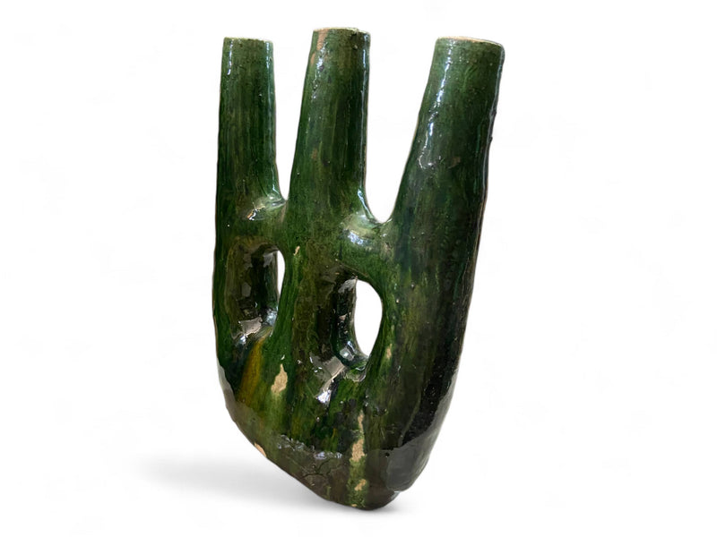 Handcrafted Moroccan Tamegroute Abstract Green  Picasso Sculpture Triple Candlestick Holder