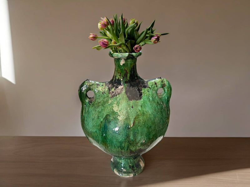 Artisan Handmade Moroccan Tamegroute  Green Pitcher Glazed Vase