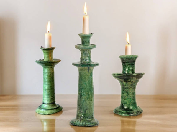 Handmade Moroccan Vintage Tamegroute Green Candlestick Holders: Set of 3 Ceramic Glazed Pottery