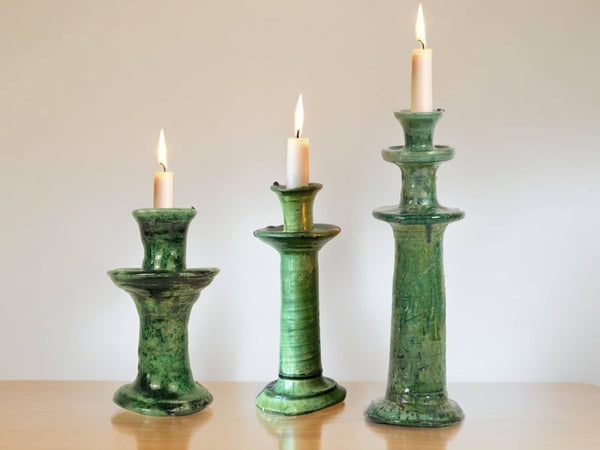 Handmade Moroccan Vintage Tamegroute Green Candlestick Holders: Set of 3 Ceramic Glazed Pottery