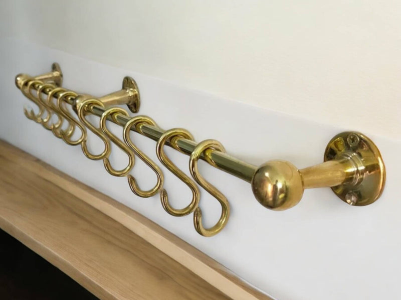 Elegant Unlacquered Brass Pot Rail with Hooks - Stylish Kitchen Storage Solution