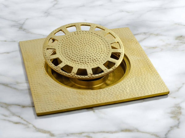 Hammered Solid Brass Floor Drain Cover - Elegant Square Shower Drain