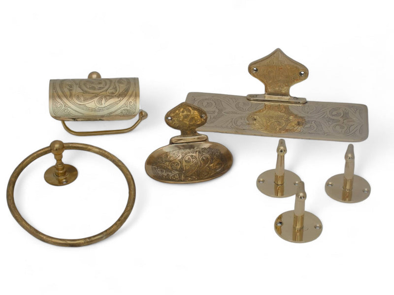 Moroccan Brass Bathroom Wall Art Set - Handcrafted 7-Piece Brass Bath Fixtures