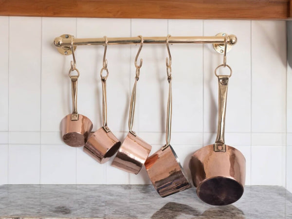 Unlacquered Brass Pot Rail with Hooks - Elegant Kitchen Pot Rack & Hangers