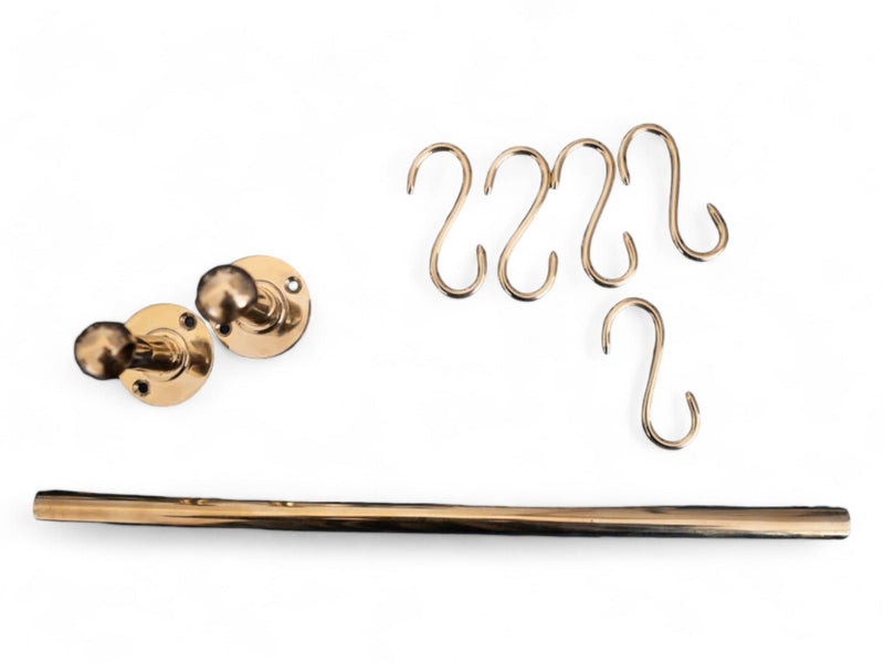 Unlacquered Brass Pot Rail with Hooks - Elegant Kitchen Pot Rack & Hangers