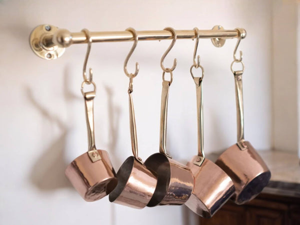 Unlacquered Brass Pot Rail with Hooks - Elegant Kitchen Pot Rack & Hangers