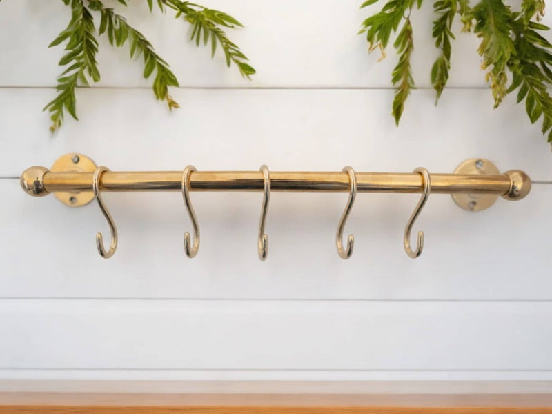 Unlacquered Brass Pot Rail with Hooks - Elegant Kitchen Pot Rack & Hangers