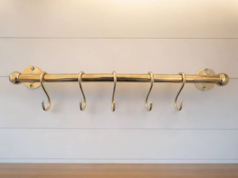 Unlacquered Brass Pot Rail with Hooks - Elegant Kitchen Pot Rack & Hangers